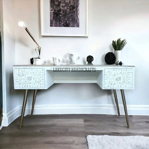 Mother Of Pearl Inlay Scroll-vine Design Desk White | Mother Of Pearl Inlay Scroll-vine Design Console Table White