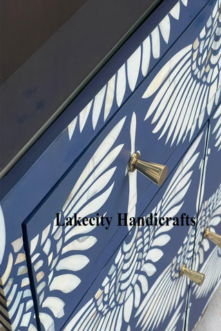 Swan Mother of Pearl Inlay Bar Cabinet Glass Navy Blue