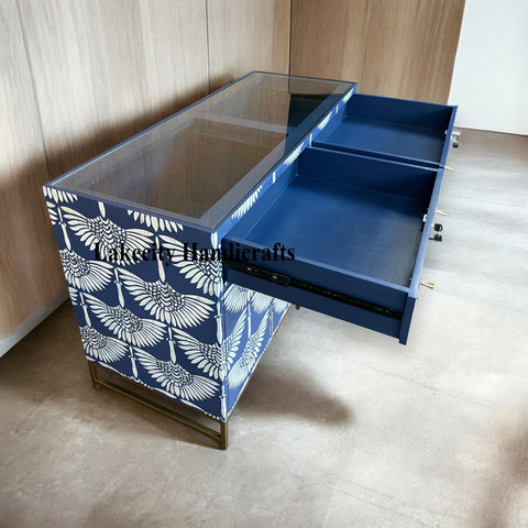 Swan Mother of Pearl Inlay Bar Cabinet Glass Navy Blue