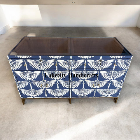 Swan Mother of Pearl Inlay Bar Cabinet Glass Navy Blue