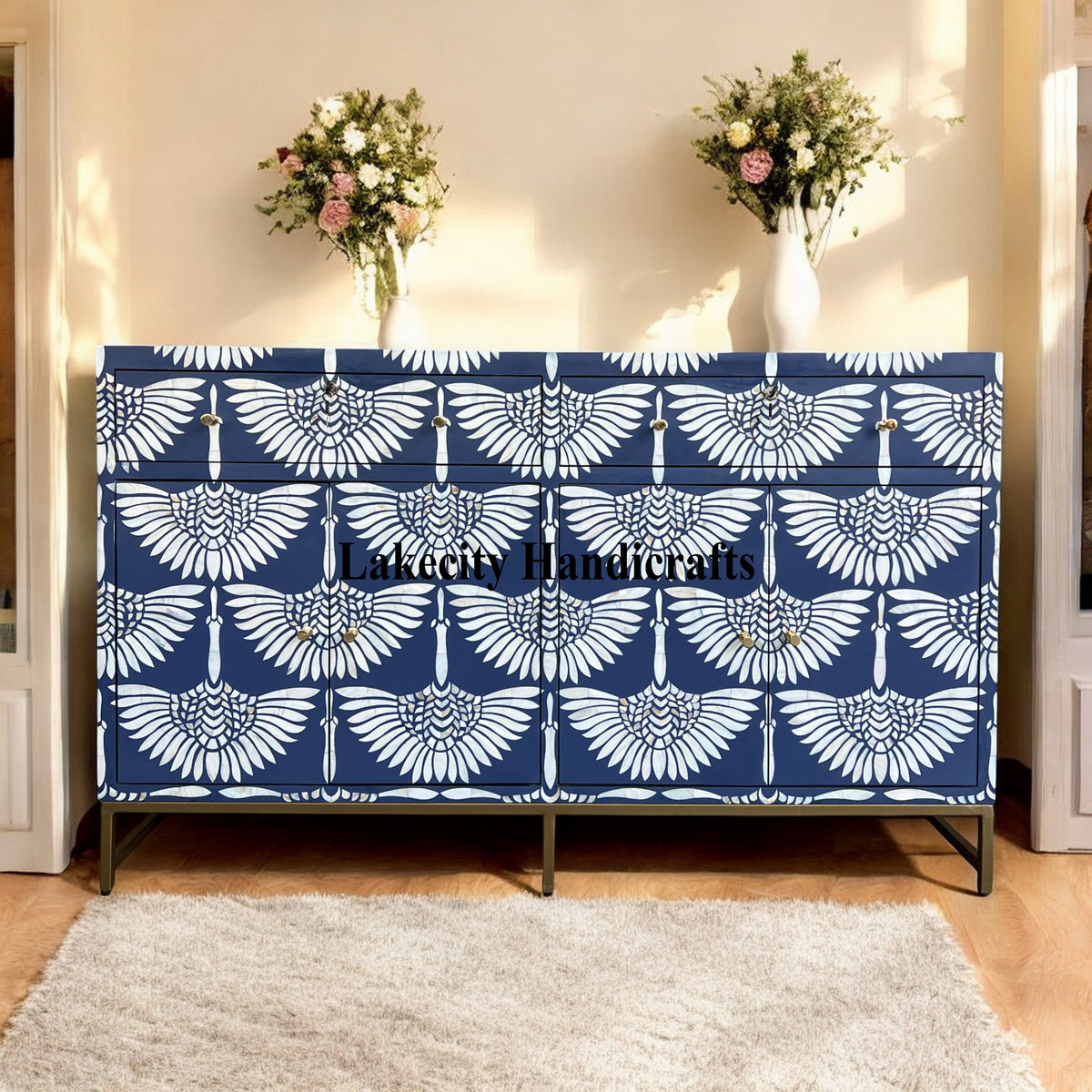 Swan Mother of Pearl Inlay Bar Cabinet Glass Navy Blue