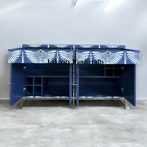 Swan Mother of Pearl Inlay Bar Cabinet Glass Navy Blue