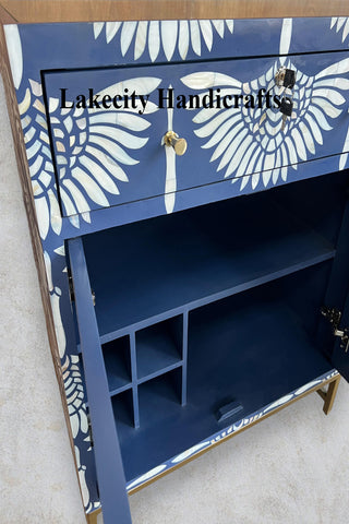 Swan Mother of Pearl Inlay Bar Cabinet Glass Navy Blue
