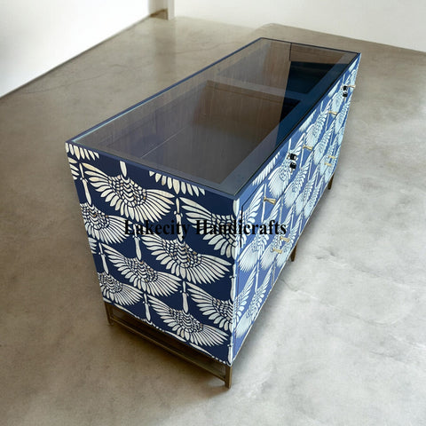 Swan Mother of Pearl Inlay Bar Cabinet Glass Navy Blue