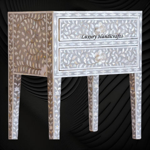 MOP Inlay Floral 2 Drawer Bedside Long Leg Grey 2