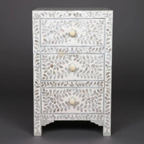 Mother Of Pearl Inlay 3 Drawer Bedside White