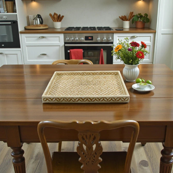 Mustard Bone Inlay Tray In Geometric Design