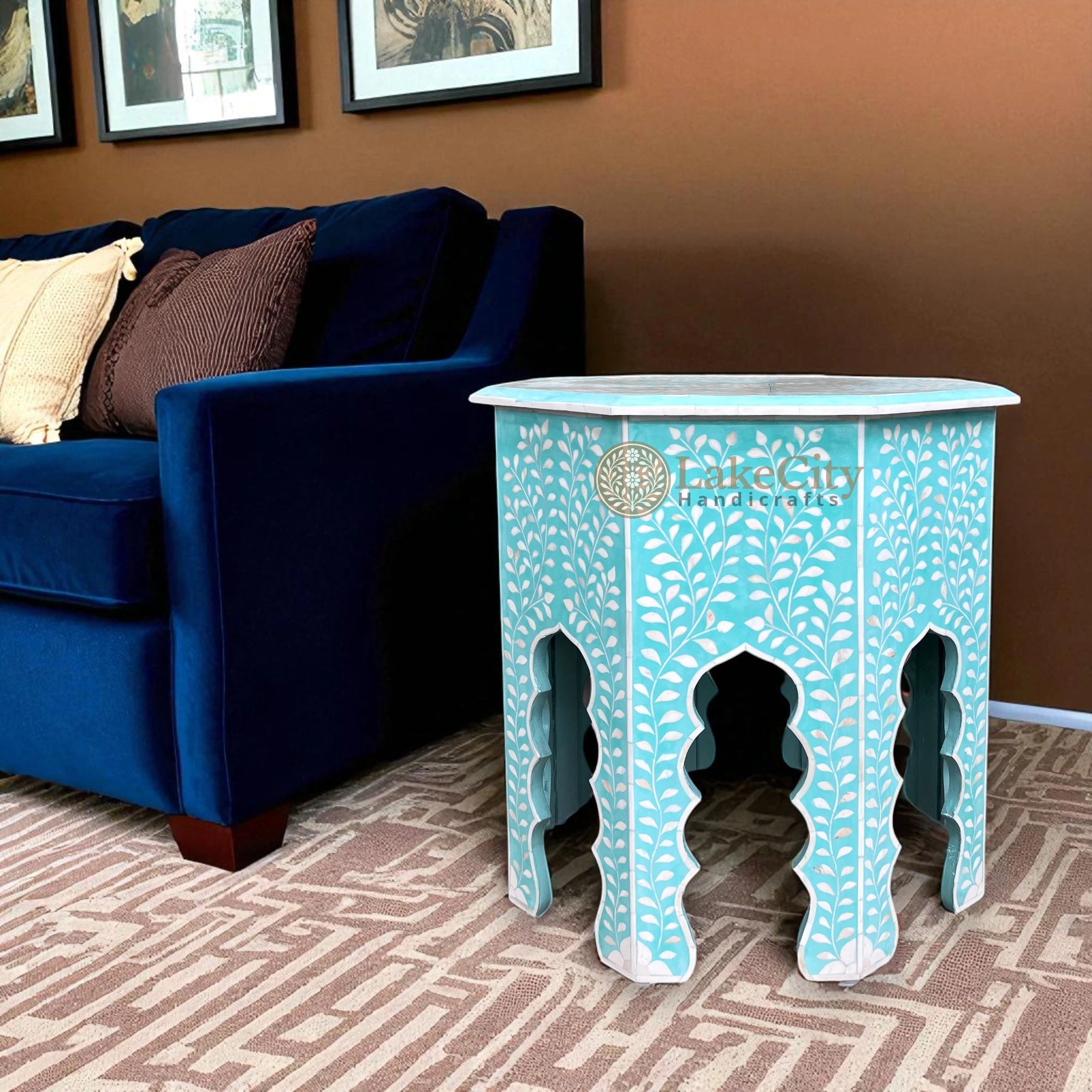 Naomi Bone Inlay Octagonal Large Side Table | Naomi Bone Inlay Octagonal Large Sofa End Table