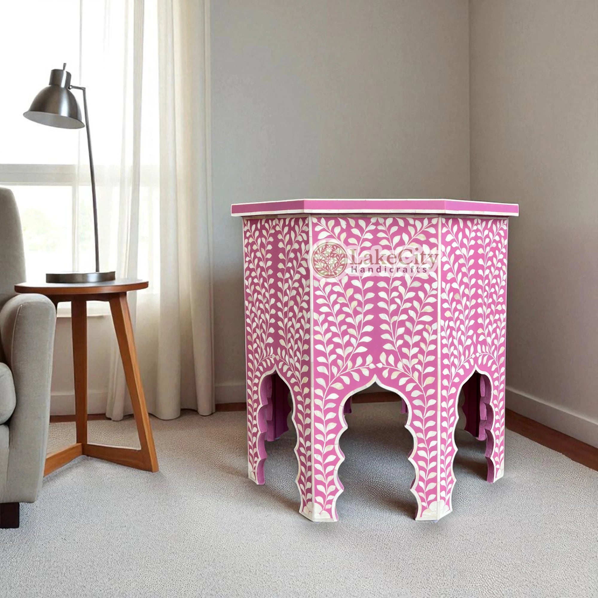 Naomi Bone Inlay Octagonal Large Side Table | Naomi Bone Inlay Octagonal Large Sofa End Table