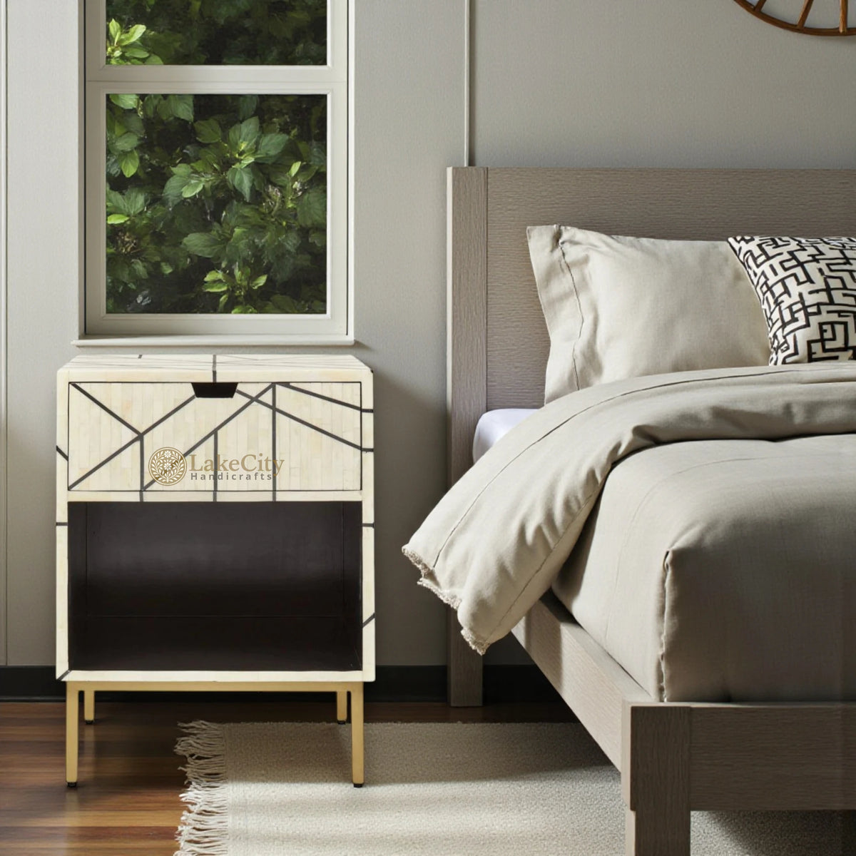 Nola Full Bone Inlay Bedside 1 Drawer | Luxury Bedside Table