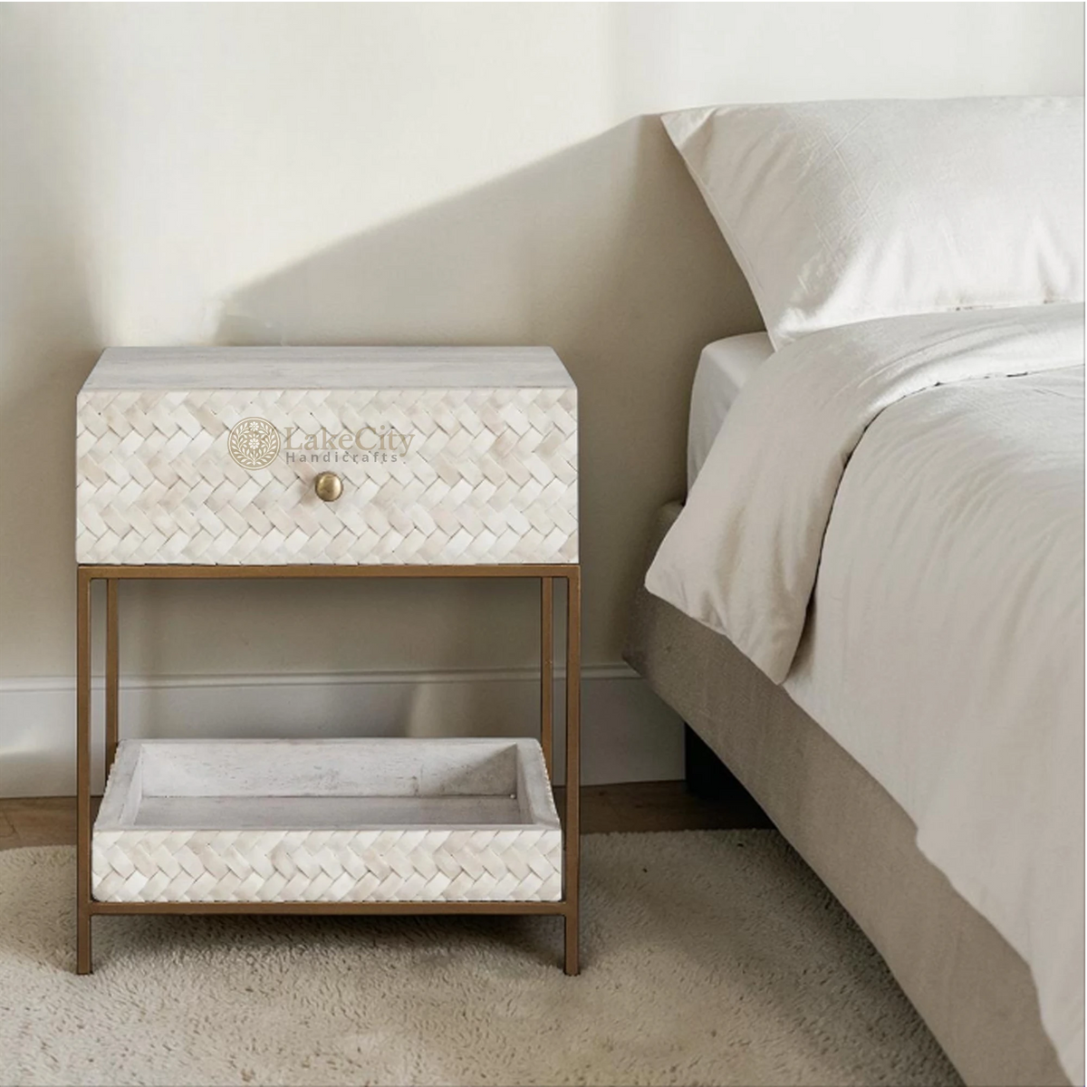 Nora Herringbone Bone Inlay Bedside | Luxury Night Tables | Buy Bedside Tables