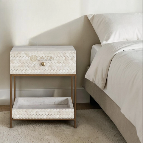 Nora Herringbone Bone Inlay Bedside | Luxury Night Tables | Buy Bedside Tables