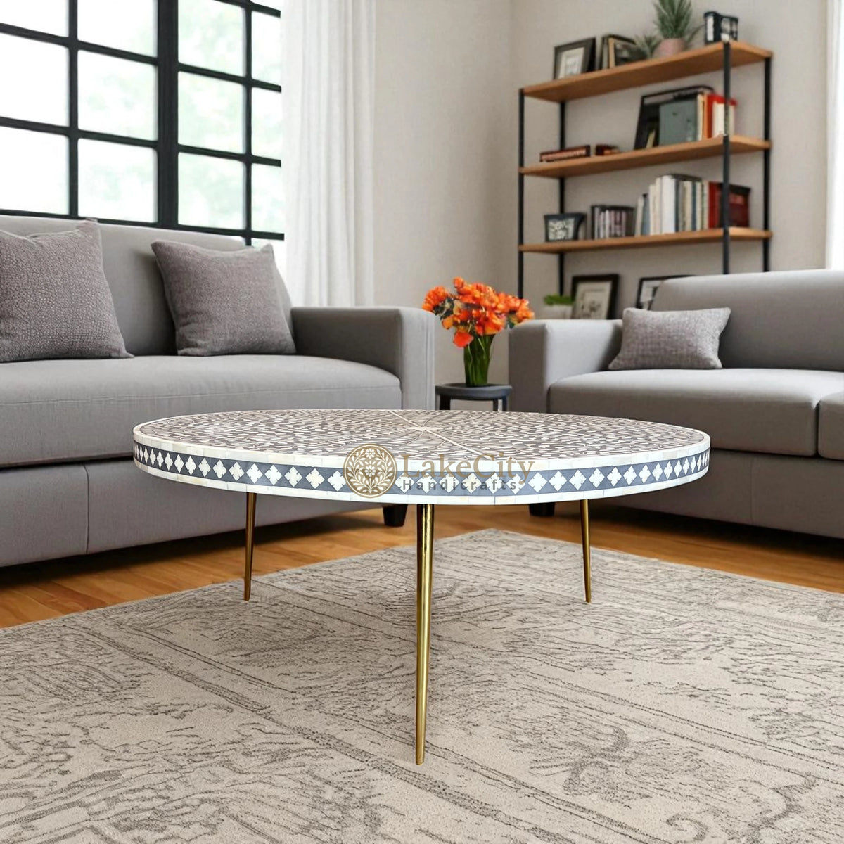 Opal Bone Inlay Round Coffee Table Floral Grey | Bone Coffee Table
