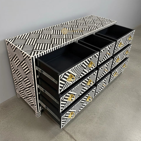 Optical Bone Inlay 9 Drawer Chest with Bone Base Black