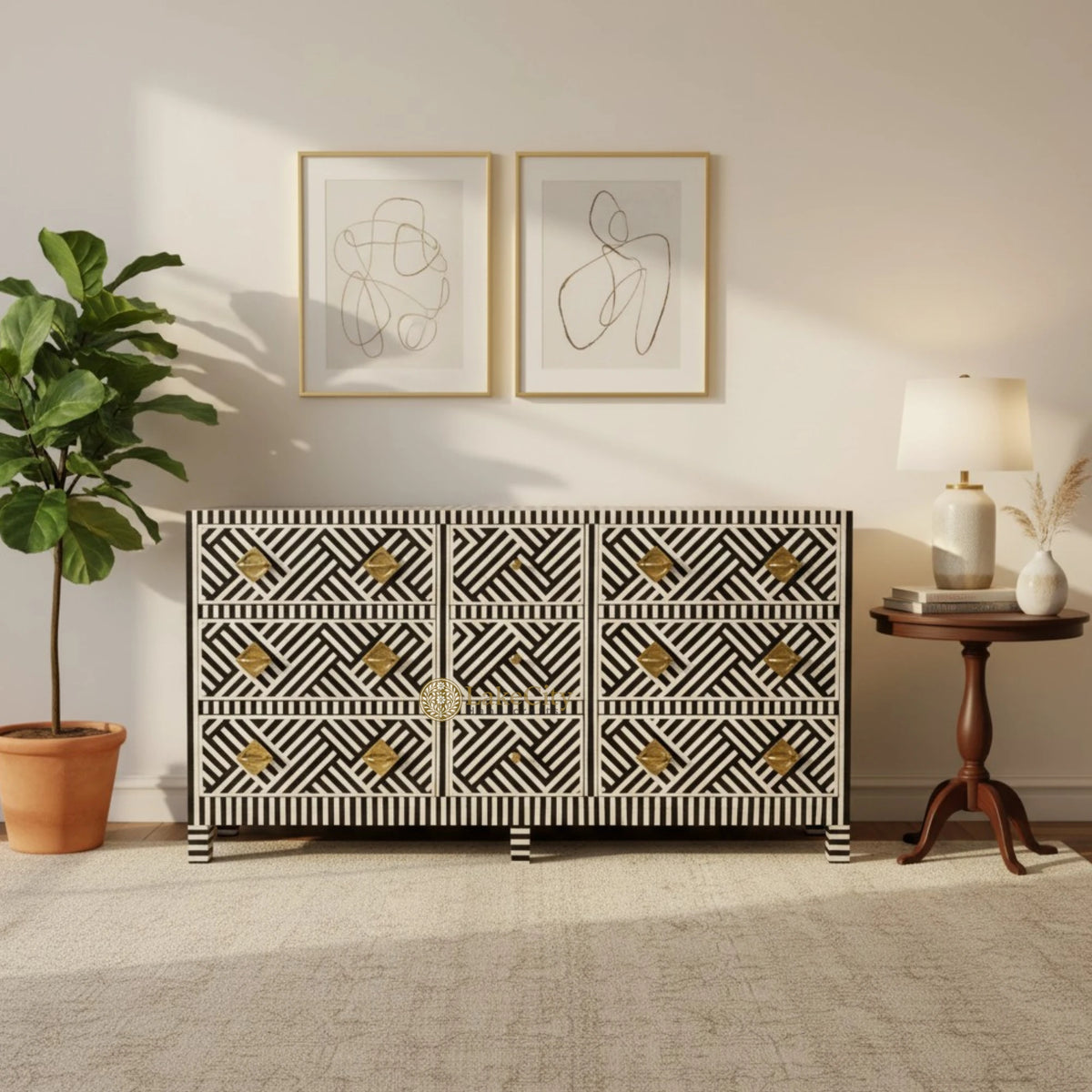 Optical Bone Inlay 9 Drawer Chest with Bone Base Black