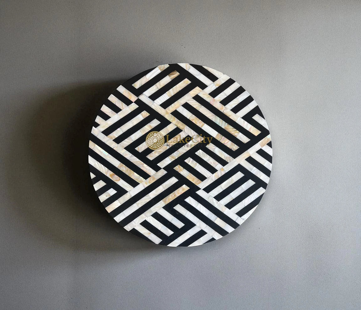Optical MOP Inlay Round Side Table Black