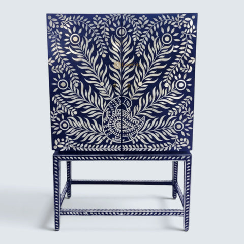 Peacock Design Bone Inlay Bar Cabinet Indigo Blue