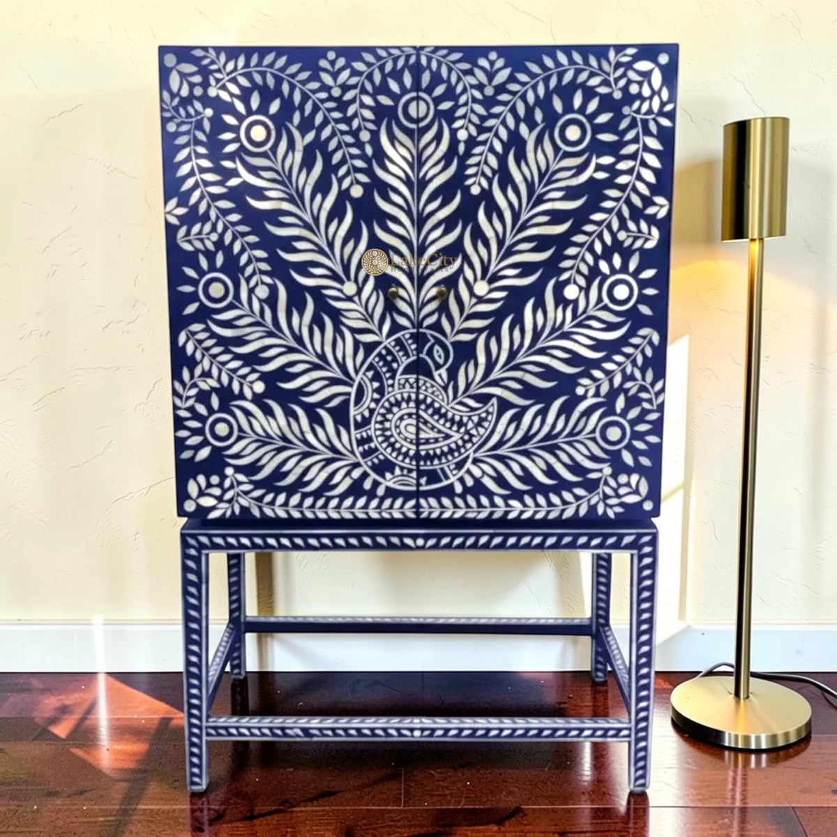 Peacock Design Bone Inlay Bar Cabinet Indigo Blue