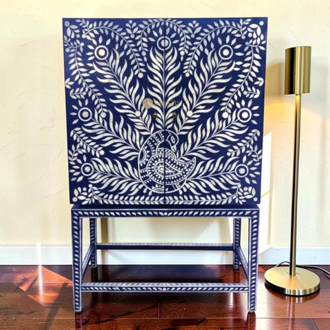 Peacock Design Bone Inlay Bar Cabinet Indigo Blue