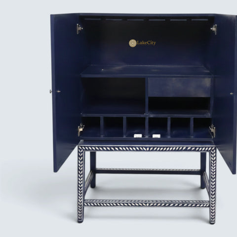 Peacock Design Bone Inlay Bar Cabinet Indigo Blue