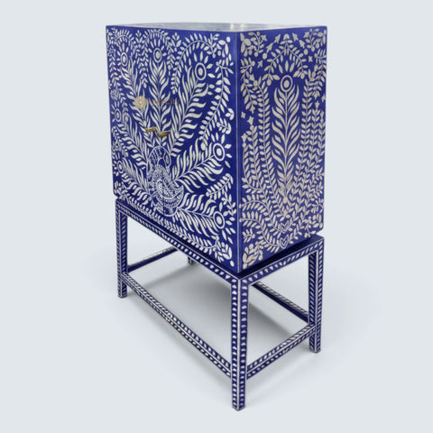 Peacock Design Bone Inlay Bar Cabinet Indigo Blue