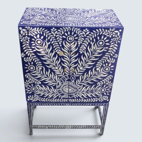 Peacock Design Bone Inlay Bar Cabinet Indigo Blue