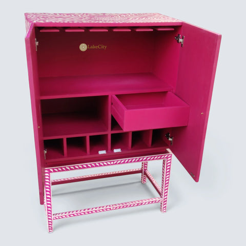 Peacock Design Bone Inlay Bar Cabinet Pink