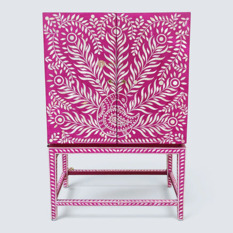 Peacock Design Bone Inlay Bar Cabinet Pink