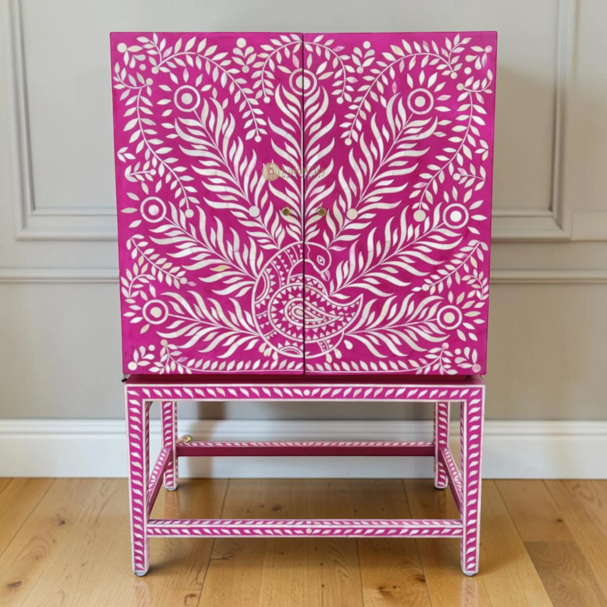 Peacock Design Bone Inlay Bar Cabinet Pink