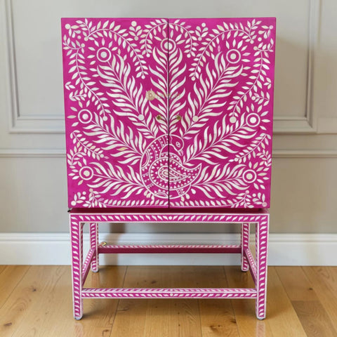 Peacock Design Bone Inlay Bar Cabinet Pink