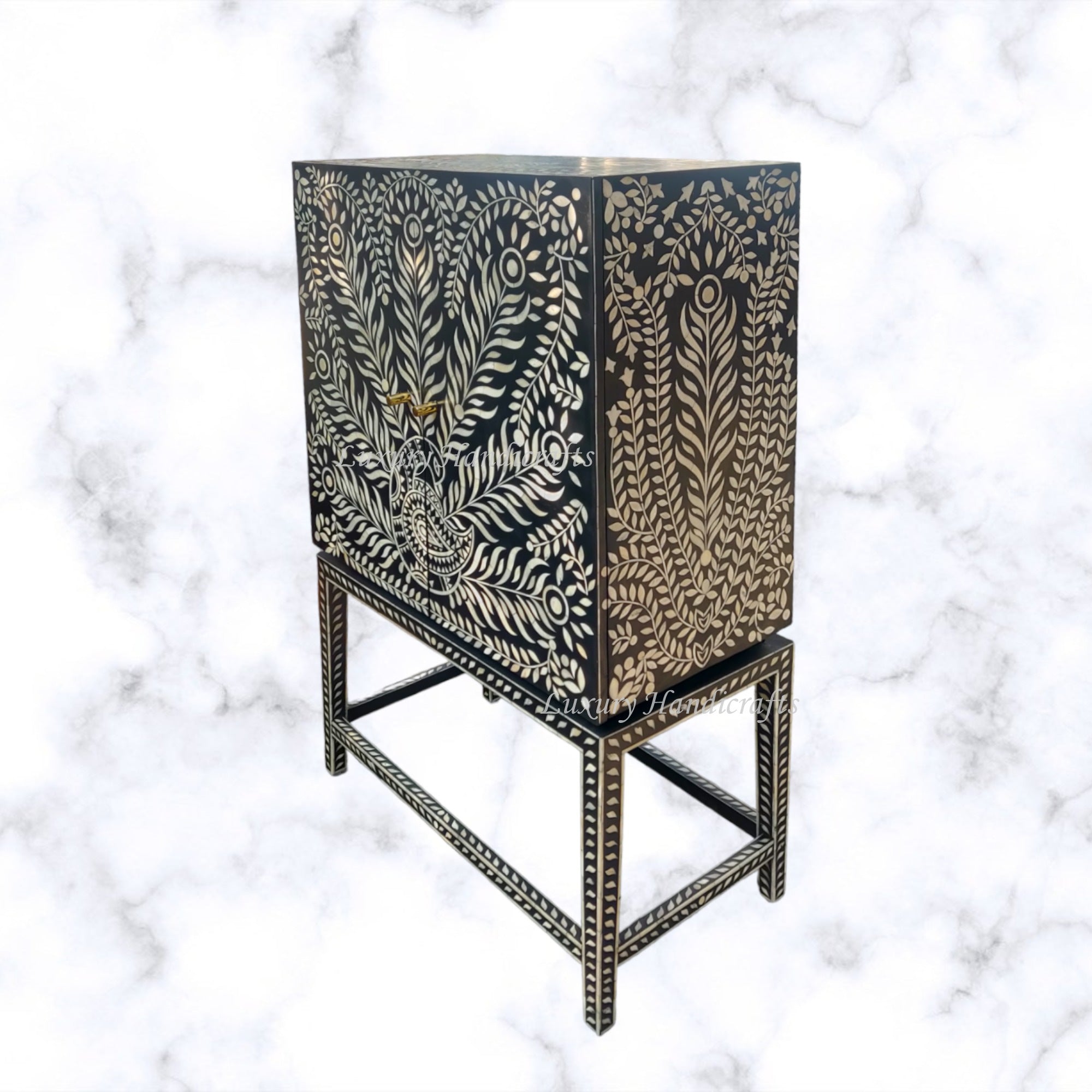 Peacock Design Bone Inlay Bar Cabinet Black 3