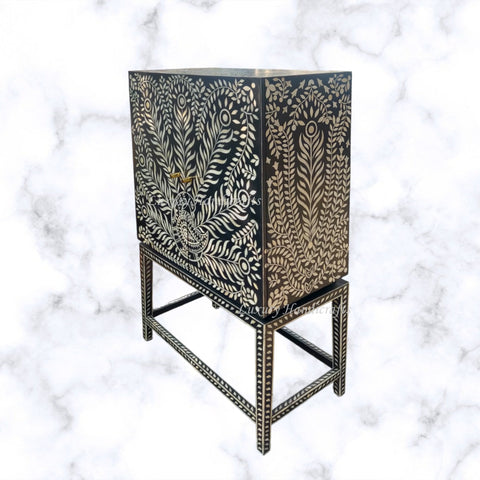 Peacock Design Bone Inlay Bar Cabinet Black 3