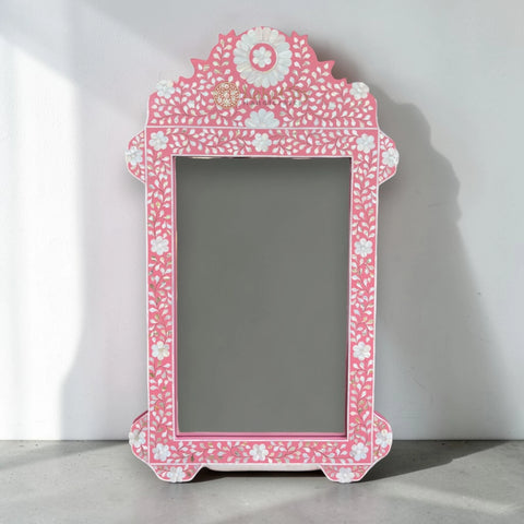 Pink Mother Of Pearl Inlay Floral Circle Mirror