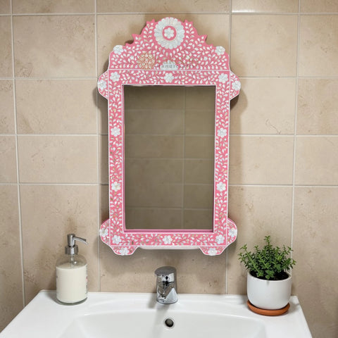 Pink Mother Of Pearl Inlay Floral Circle Mirror