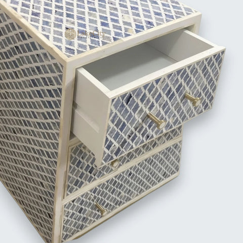 Quatrefoil Colored Bone Inlay Chest of 6 Drawers Blue