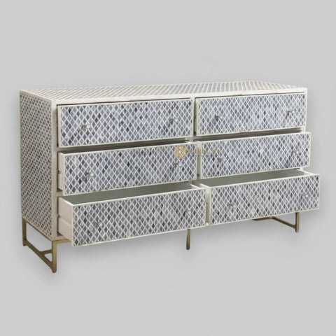 Quatrefoil Colored Bone Inlay Chest of 6 Drawers Blue
