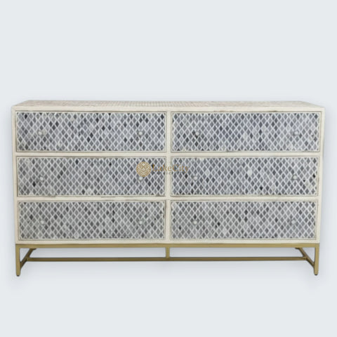 Quatrefoil Colored Bone Inlay Chest of 6 Drawers Blue