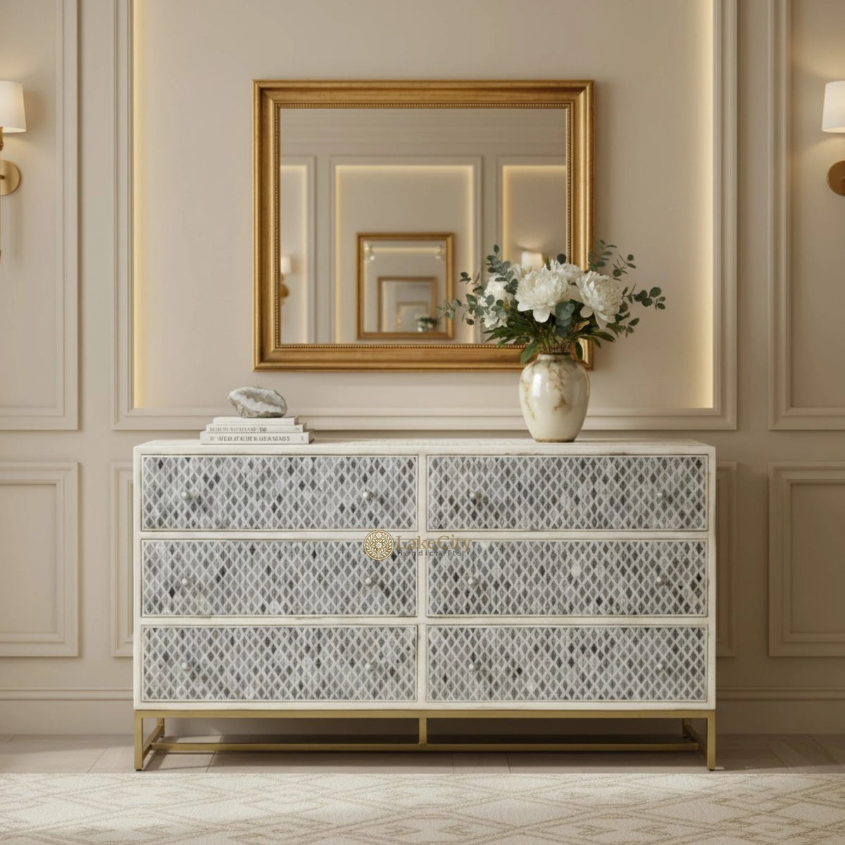 Quatrefoil Colored Bone Inlay Chest of 6 Drawers Blue