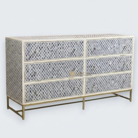 Quatrefoil Colored Bone Inlay Chest of 6 Drawers Blue