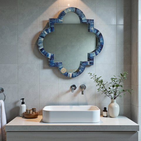 Quatrefoil Colored Bone Inlay Mirror Dark Blue