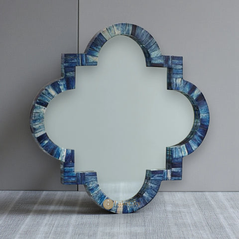 Quatrefoil Colored Bone Inlay Mirror Dark Blue