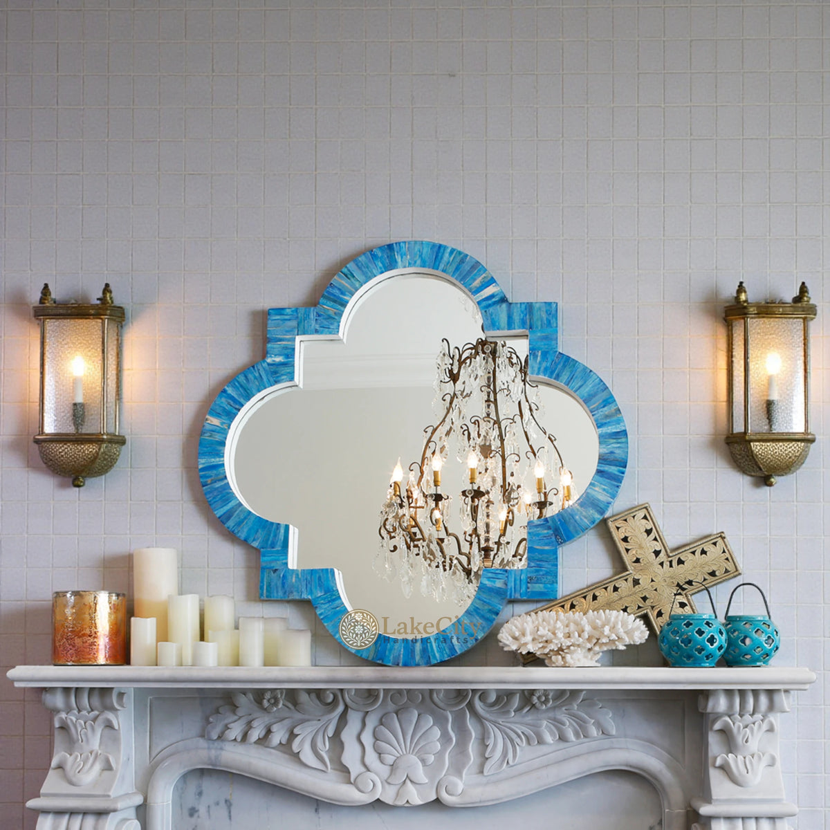 Quatrefoil Colored Bone Inlay Mirror Ocean Blue