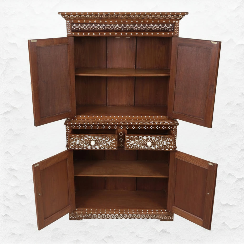 Ross Indian Teak Wood Bone Inlay Cabinet 3