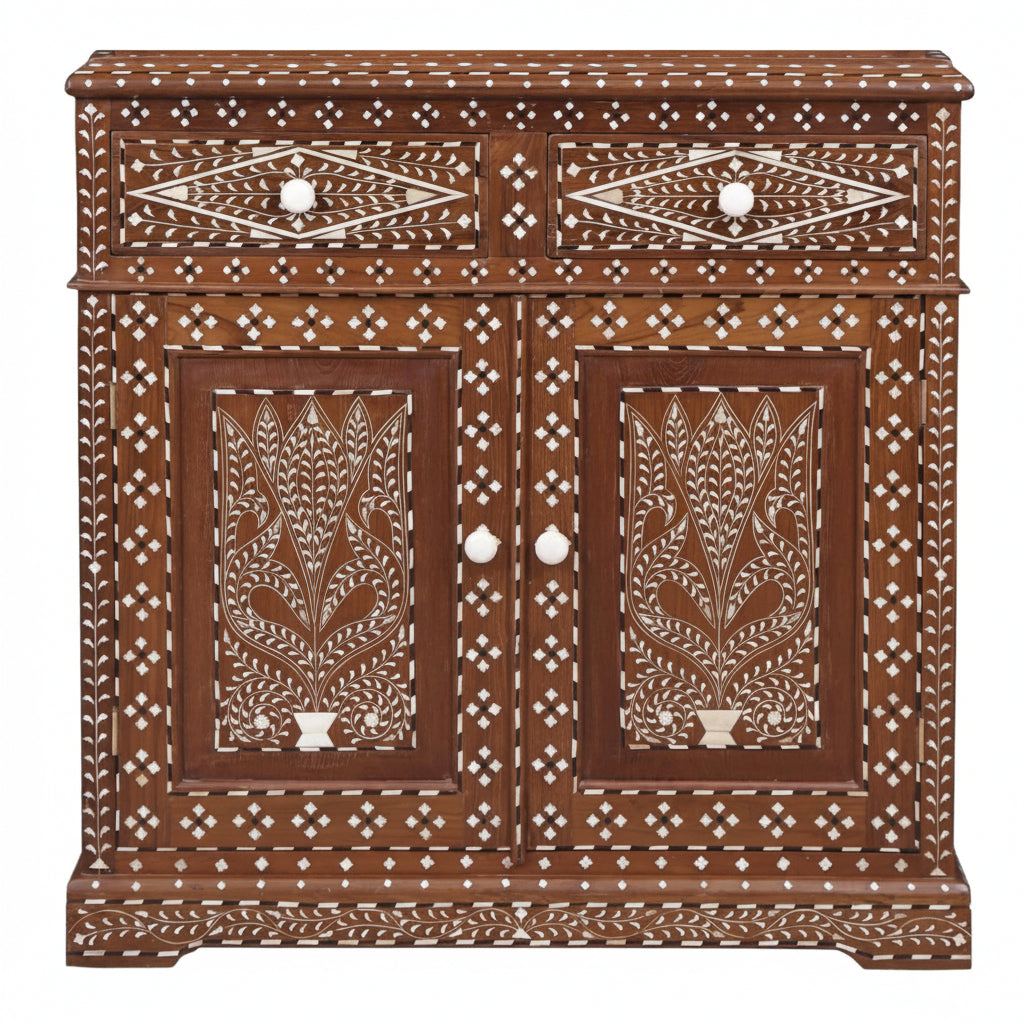 Ross Indian Teak Wood Bone Inlay Cabinet 5