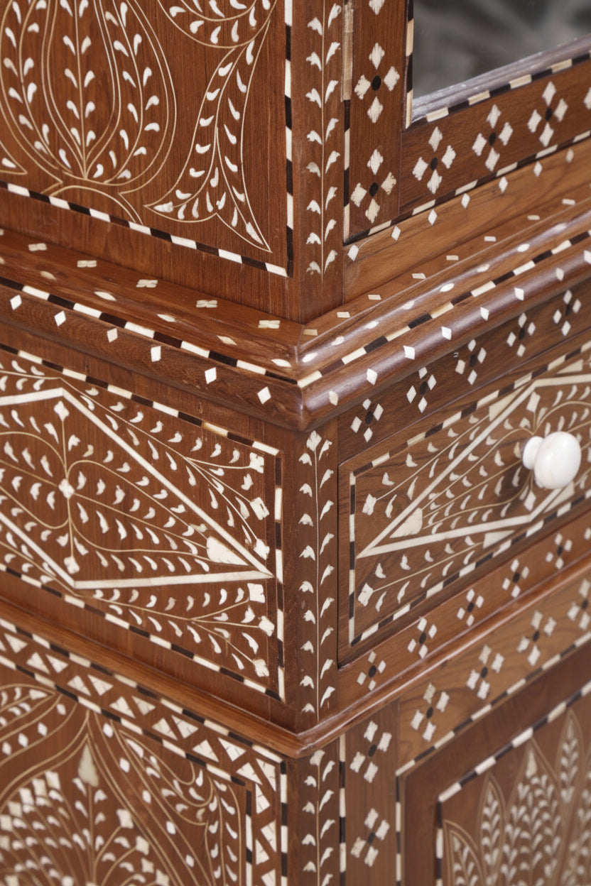 Ross Indian Teak Wood Bone Inlay Cabinet 6