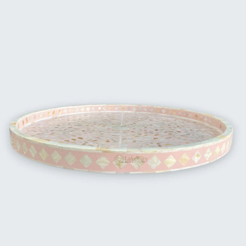 Round MOP Inlaid Tray Floral Light Pink