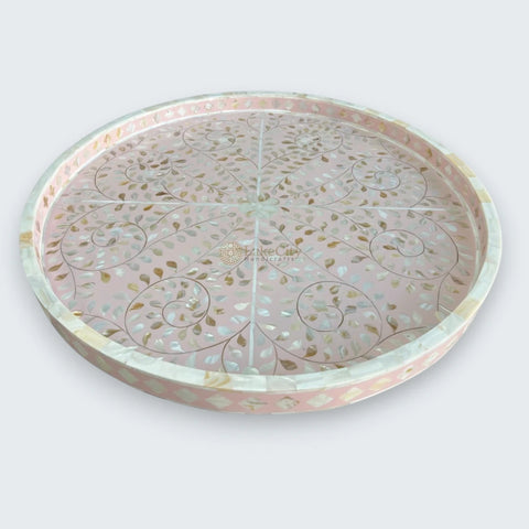 Round MOP Inlaid Tray Floral Light Pink