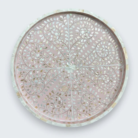 Round MOP Inlaid Tray Floral Light Pink