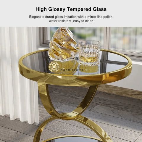 Round Tempered Glass Gold Side Table | Round Tempered Glass Gold End Table