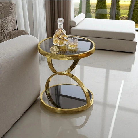Round Tempered Glass Gold Side Table | Round Tempered Glass Gold End Table